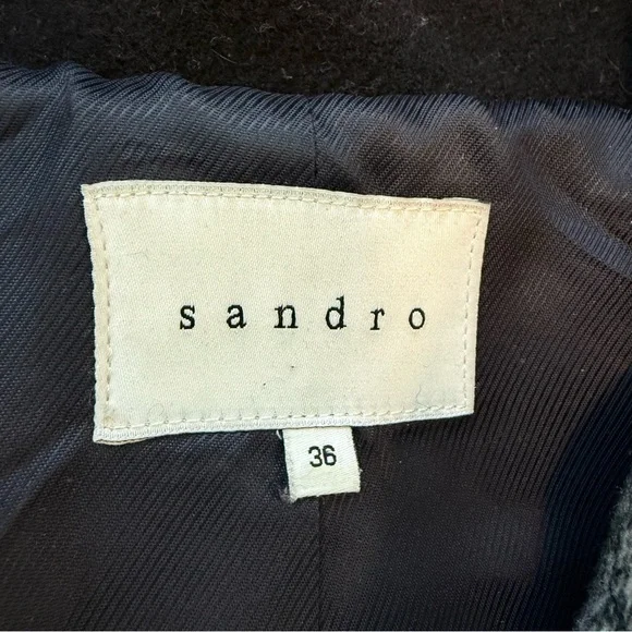 Sandro Paris 36 wool cowhide leather peacoat jacket grey black tweed luxury fall - Picture 7 of 12